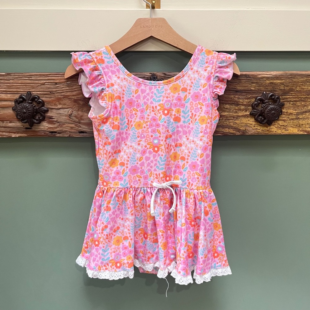 Cheeky Plum Girls Pink Floral Skirted Swim Dress Eyelet Lace Trim Size 5Y